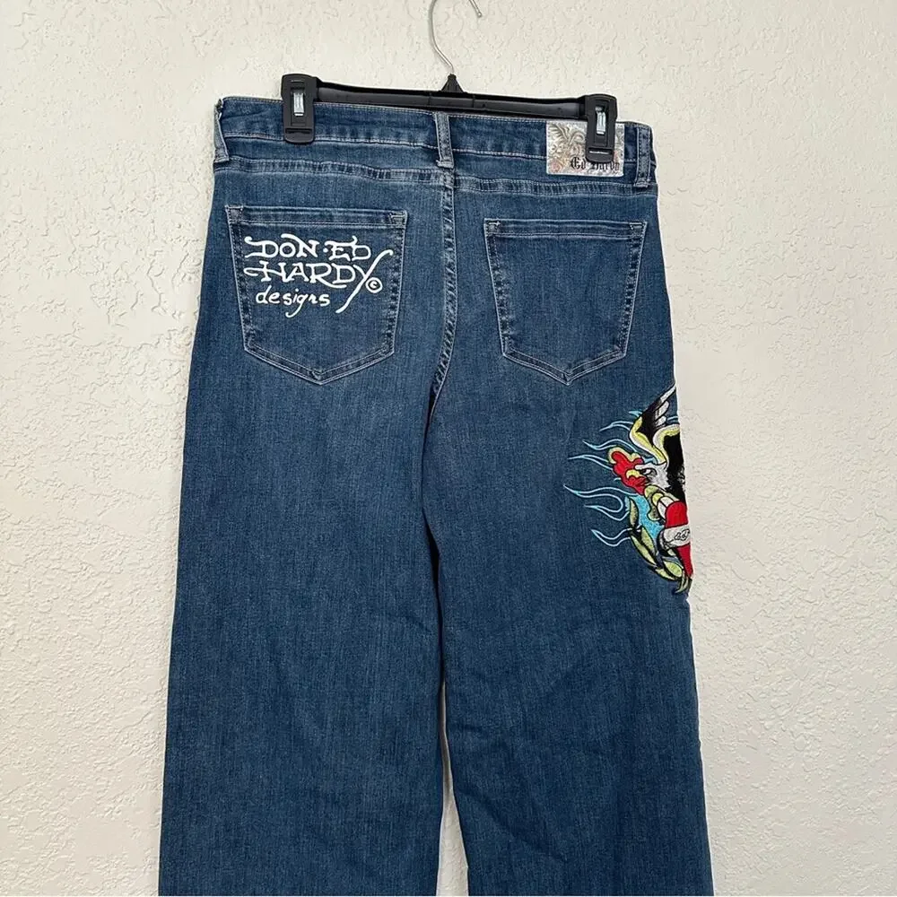 Ed Hardy Y2K Wide Leg Embroidered Logo Jeans 28